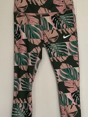 Nike Pink and Green Tropical Leaf Print Leggings Dri-Fit